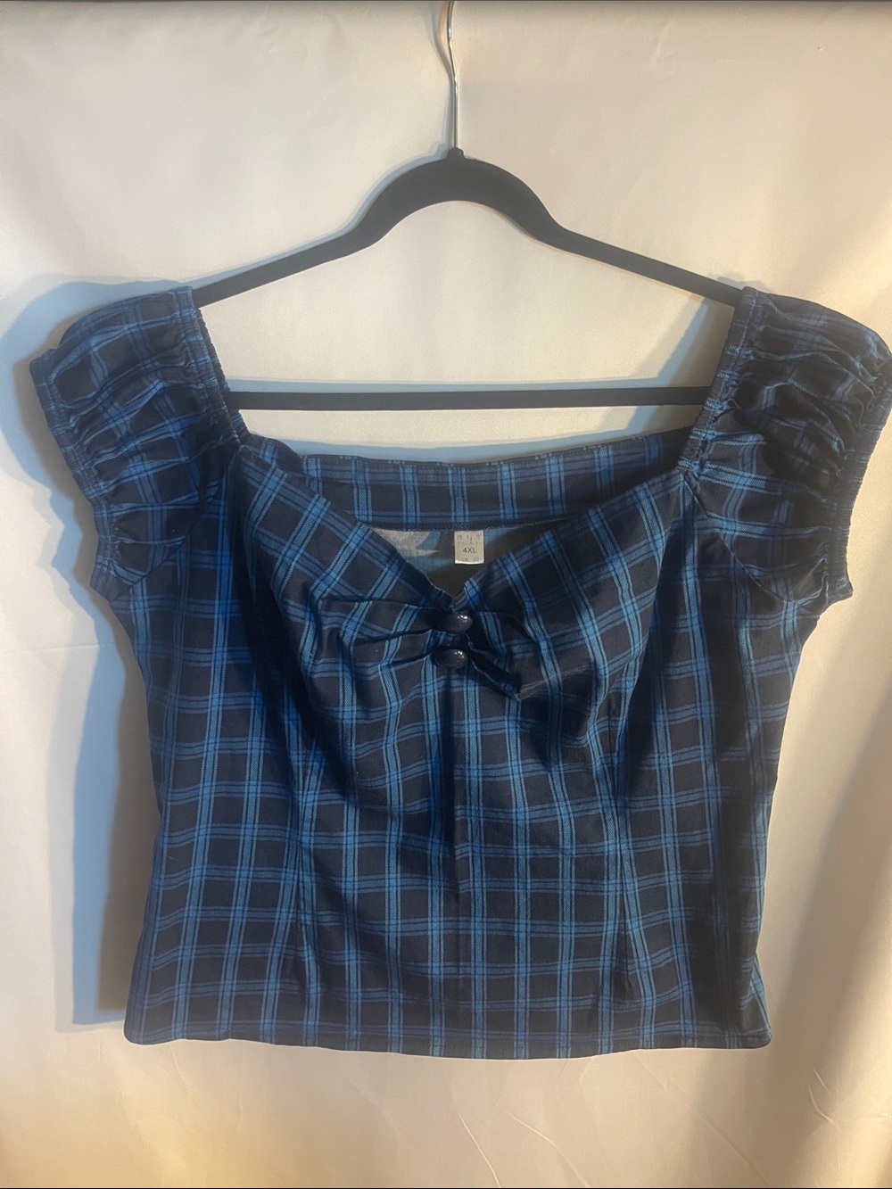 Navy Blue Plaid Square-Neck Crop Top with Front Tie